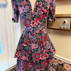 Vintage 80’s Floral miniDress Pink Black cottage core puff sleeve bows Small 7